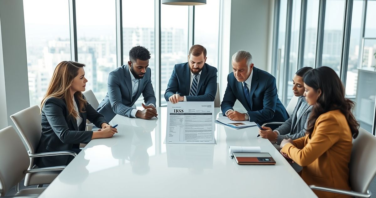 Business professionals reviewing an IRS notice together in a modern office setting.