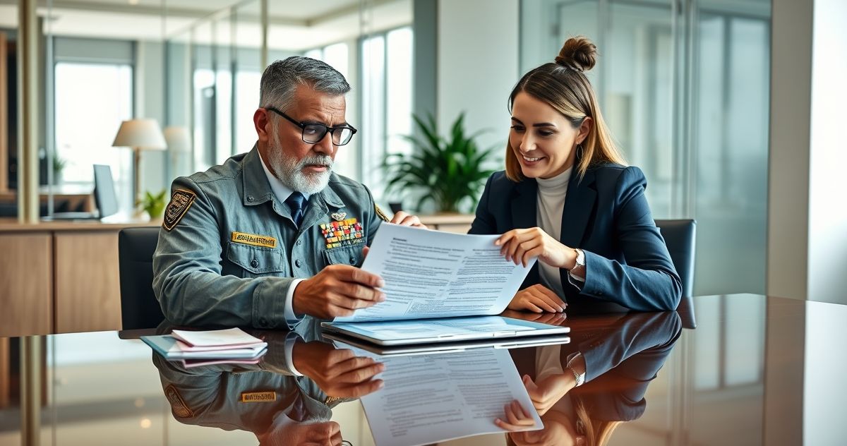 A military veteran and a loan officer discussing loan terms on a tablet in a modern office, representing VA loan assumability.