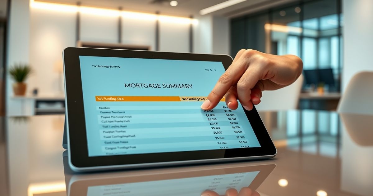 A digital tablet displaying a mortgage summary with a highlighted VA Funding Fee, in a professional office setting.