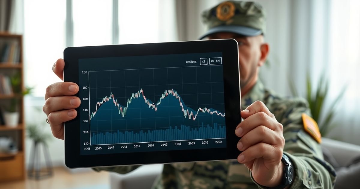 Digital graph showing an initial fixed interest rate period followed by an adjustable rate, with a military veteran reviewing the data on a tablet.