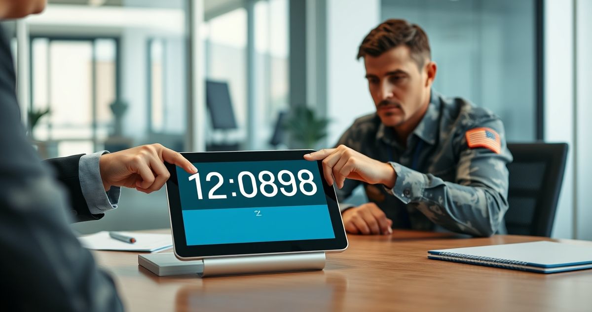 A financial advisor points to a highlighted section on a digital tablet displaying a 12-digit VA Loan Case Number to a veteran in a modern office setting.