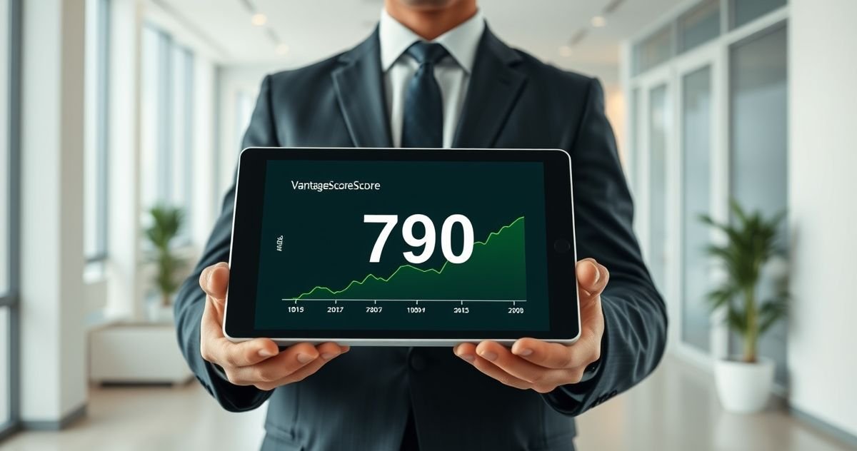 A digital tablet displaying a high VantageScore, symbolizing strong creditworthiness.