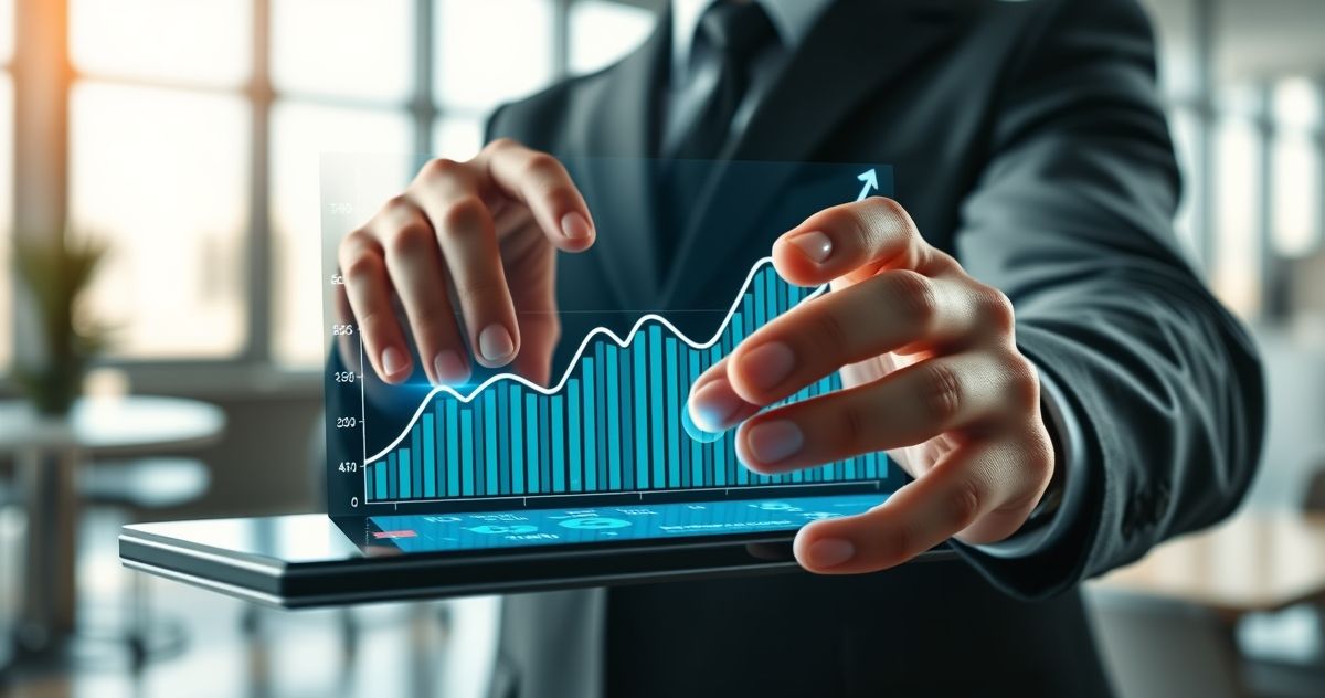 Financial analyst interacting with an upward-curving bond price yield graph on a touchscreen device in a modern office.