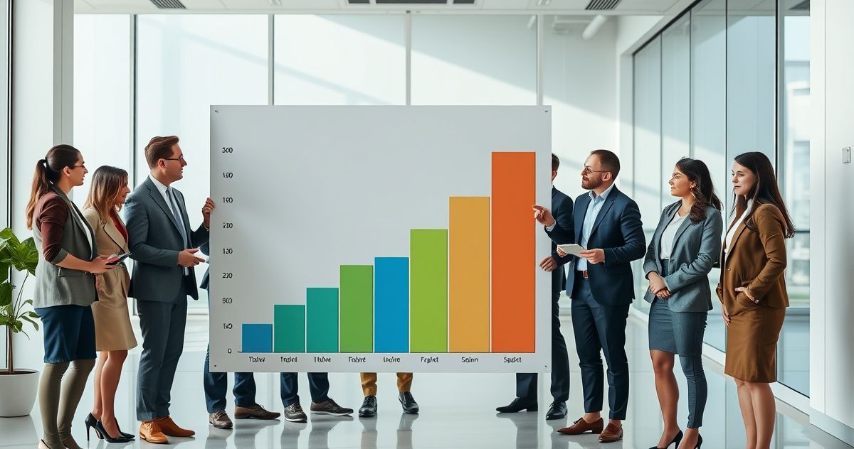 Professionals examining a segmented bar chart showing tax brackets in a modern office.