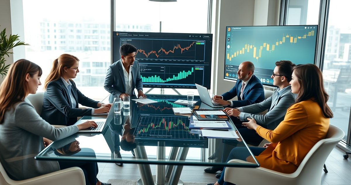 Financial advisors and clients collaborating on a wealth accumulation plan using digital charts and documents in a modern office.