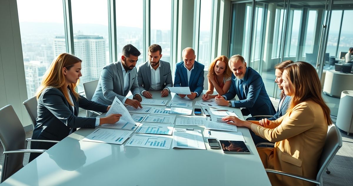 Financial professionals analyzing balance sheets and income statements in a modern office