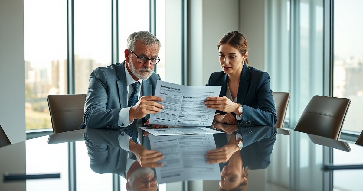 Tax advisor and client reviewing an amended tax return document in a modern office setting