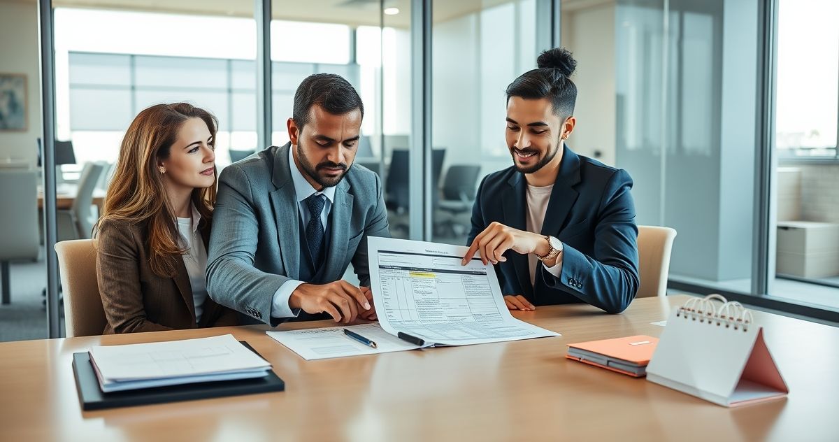 Tax advisor and two clients reviewing a corrected state tax return with a highlighted correction, calendar, and folder on a clean desk