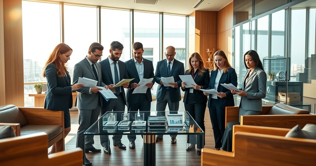 Business professionals analyzing secured lending assets in a modern office