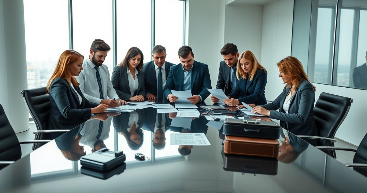 Financial and legal professionals examining documents with seized assets on a conference table