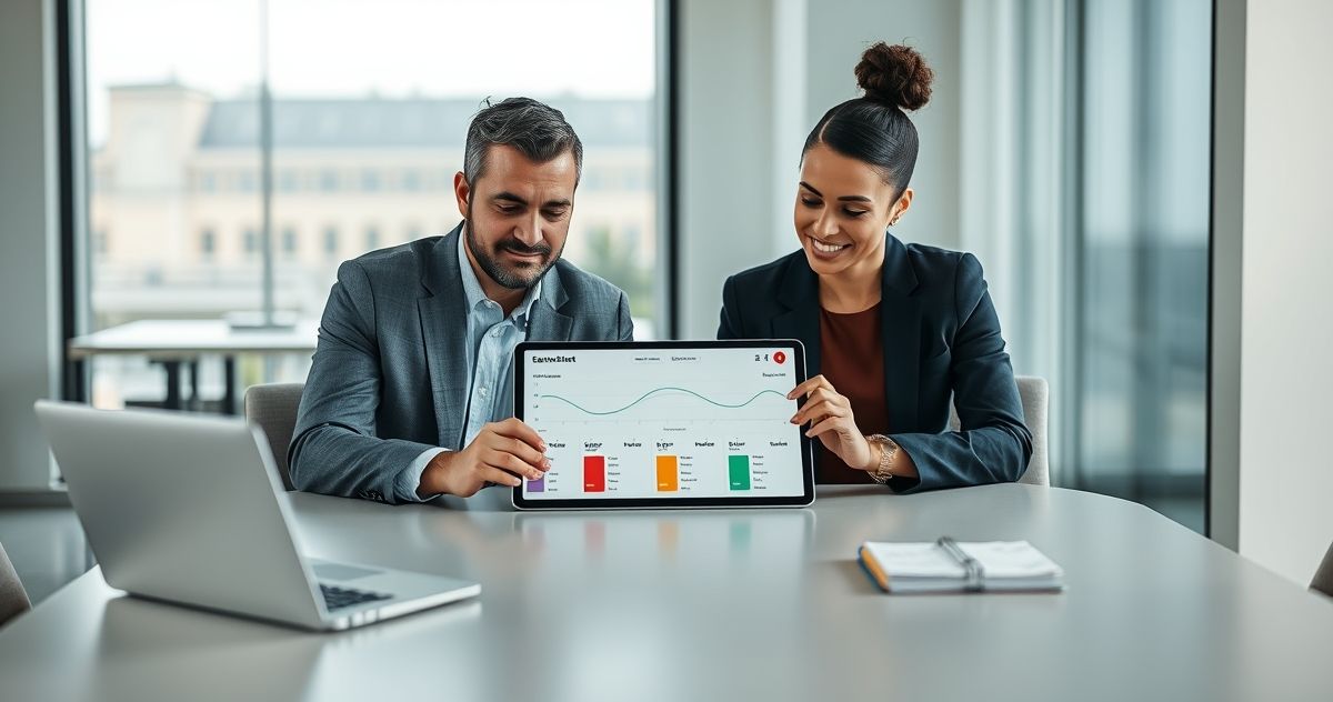 Advisor and client reviewing a tablet showing automated transfers flowing into goal buckets in a modern office