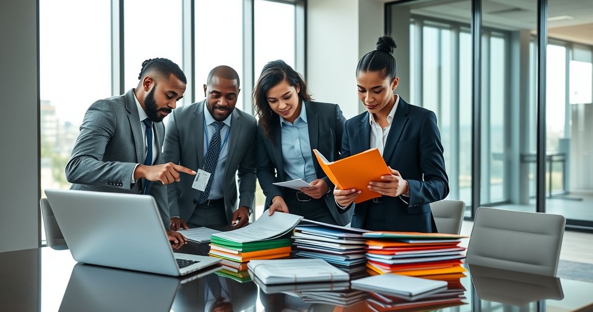 Tax professionals and a business owner review documents and organize records in a clean conference room to prevent compliance errors