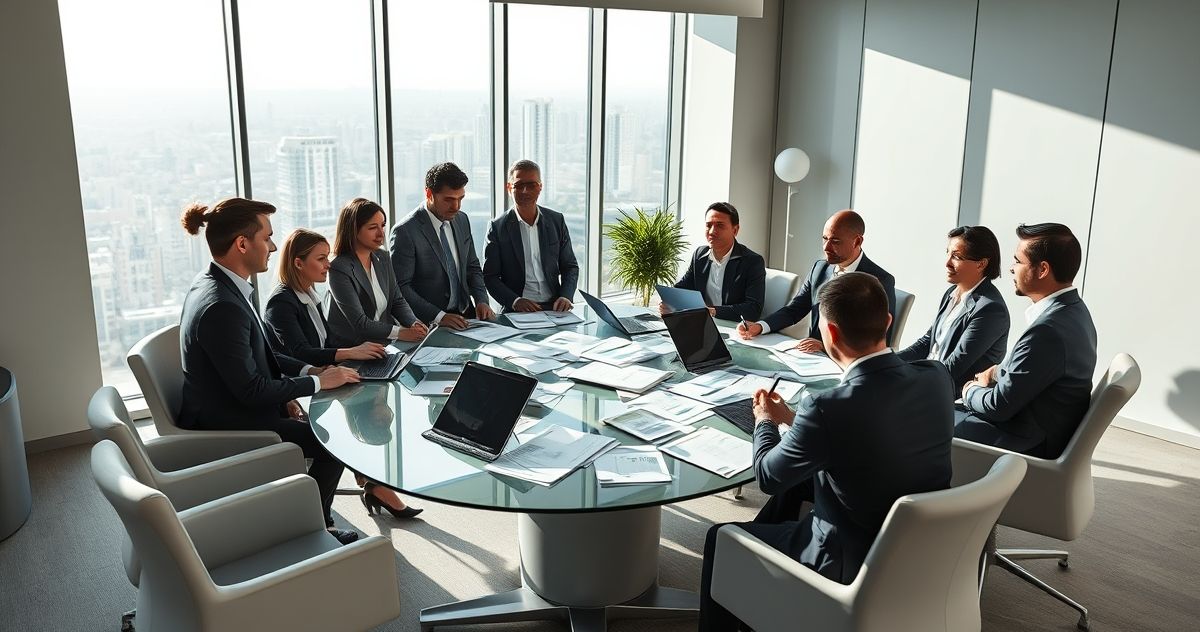 Diverse professionals discussing retirement benefits around a conference table in a modern office