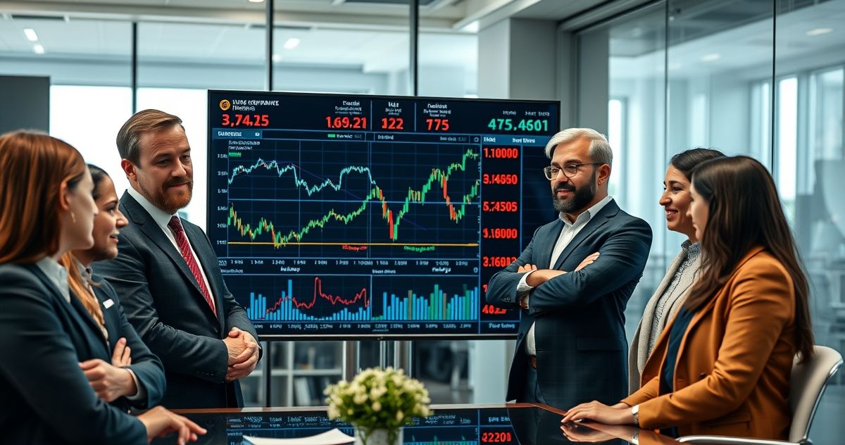 Diverse financial advisors reviewing blue-chip stock charts on a digital screen in a sleek office