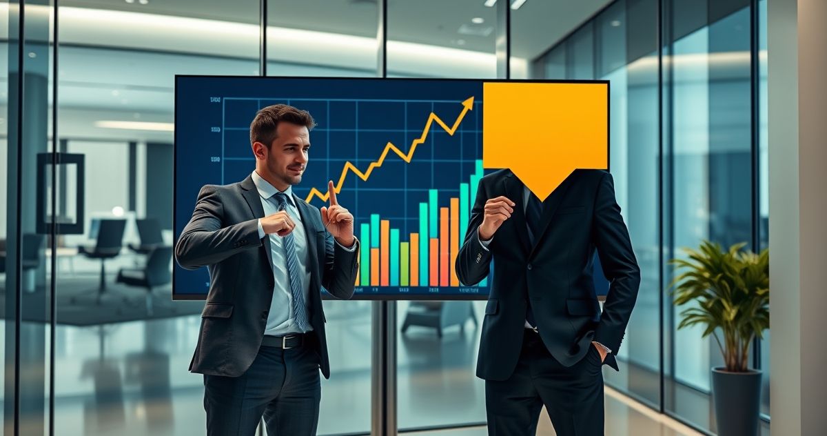 Two financial analysts discussing contrasting stock market trends with bull and bear graphs in a modern office.