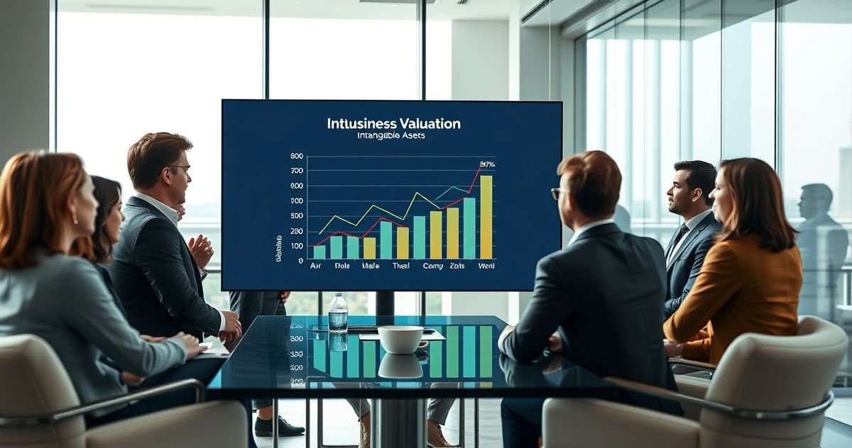 Diverse business team examining digital business valuation chart highlighting goodwill in modern conference room