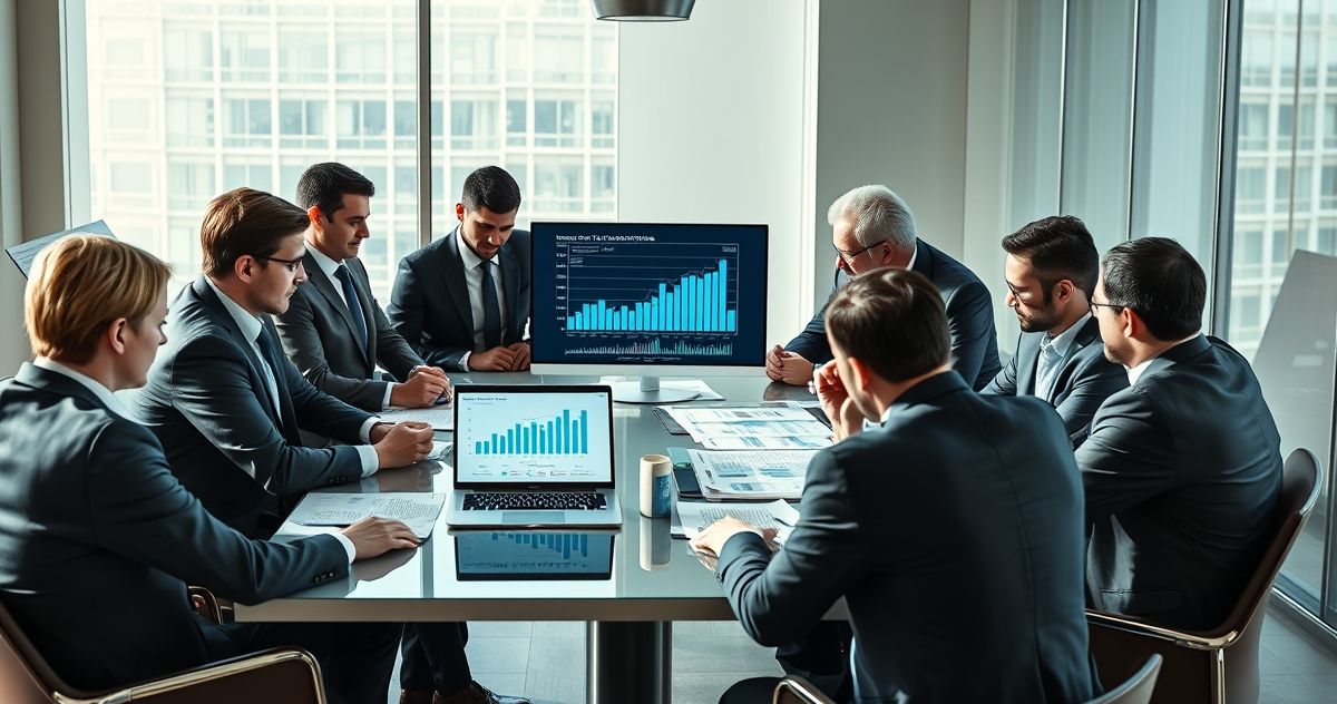 Professionals in a modern conference room discussing corporate tax documents and digital graphs on a laptop