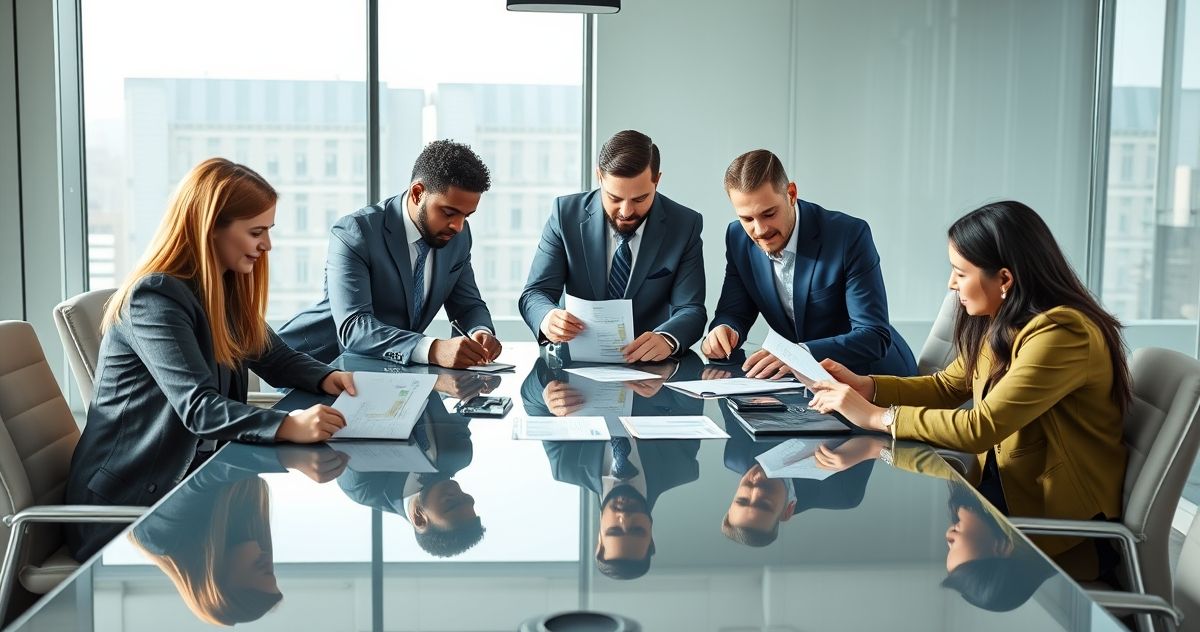 Financial professionals examining cash receipts and payment documents at a modern conference table