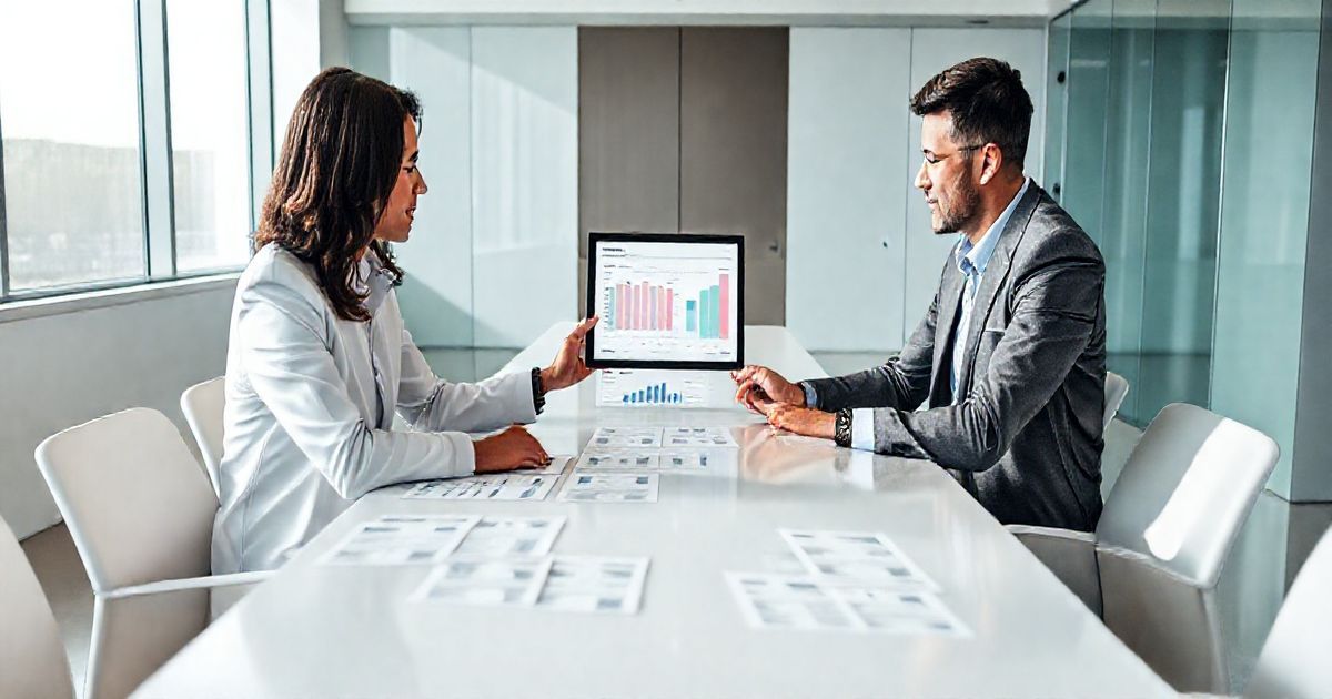 Financial planner and client at a clean desk looking at a tablet showing scenario charts and budget sheets while the planner points to a projected cashflow change