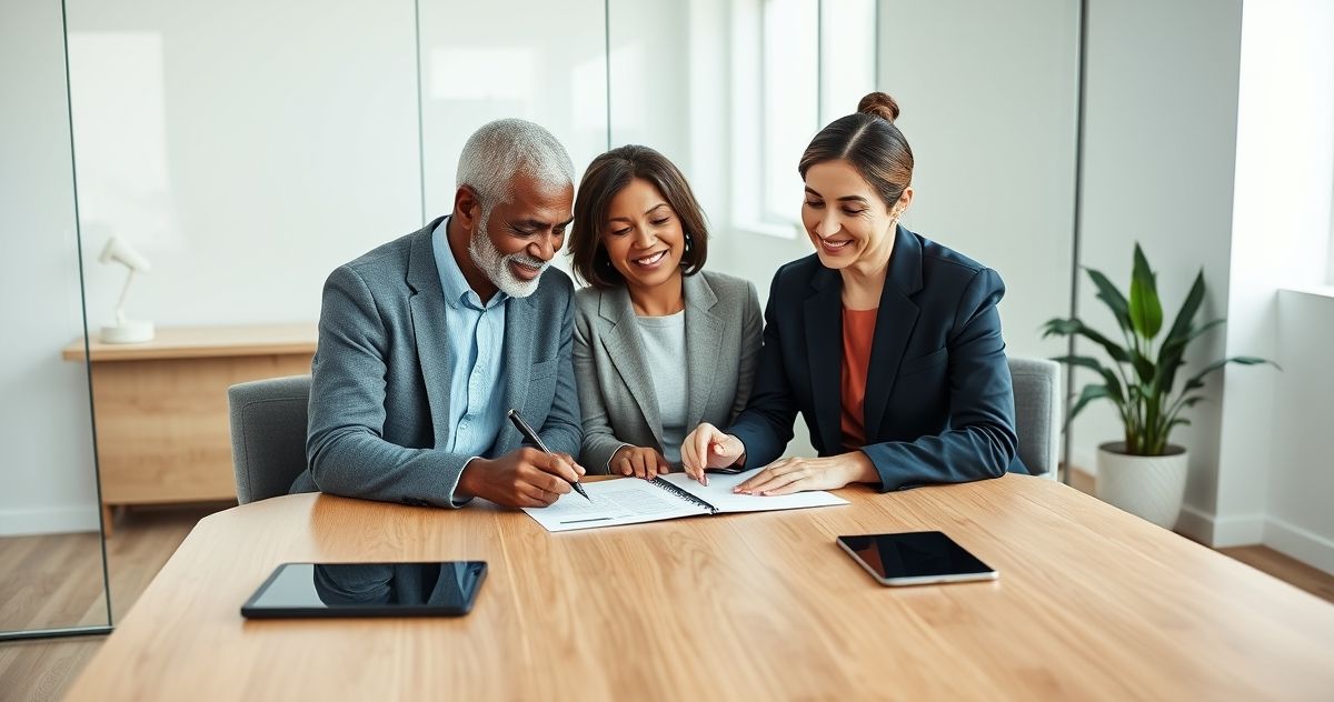 Mature couple signing an annuity agreement with a financial advisor in a modern office beside a charity brochure