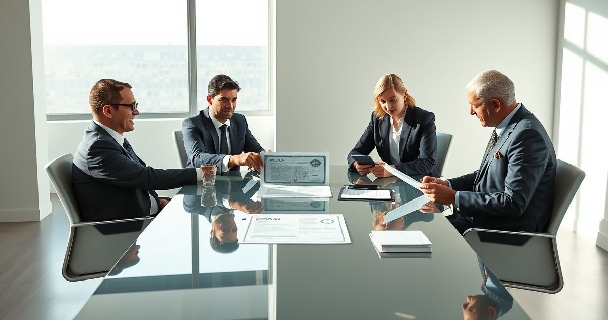 Diverse professionals exchange a stock certificate across a conference table while reviewing an appraisal on a tablet