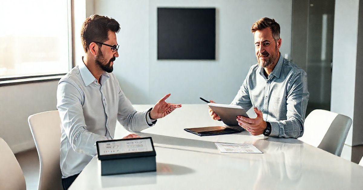 Small business owner and financial advisor comparing two tablets with different retirement plan diagrams at a tidy conference table in a modern office
