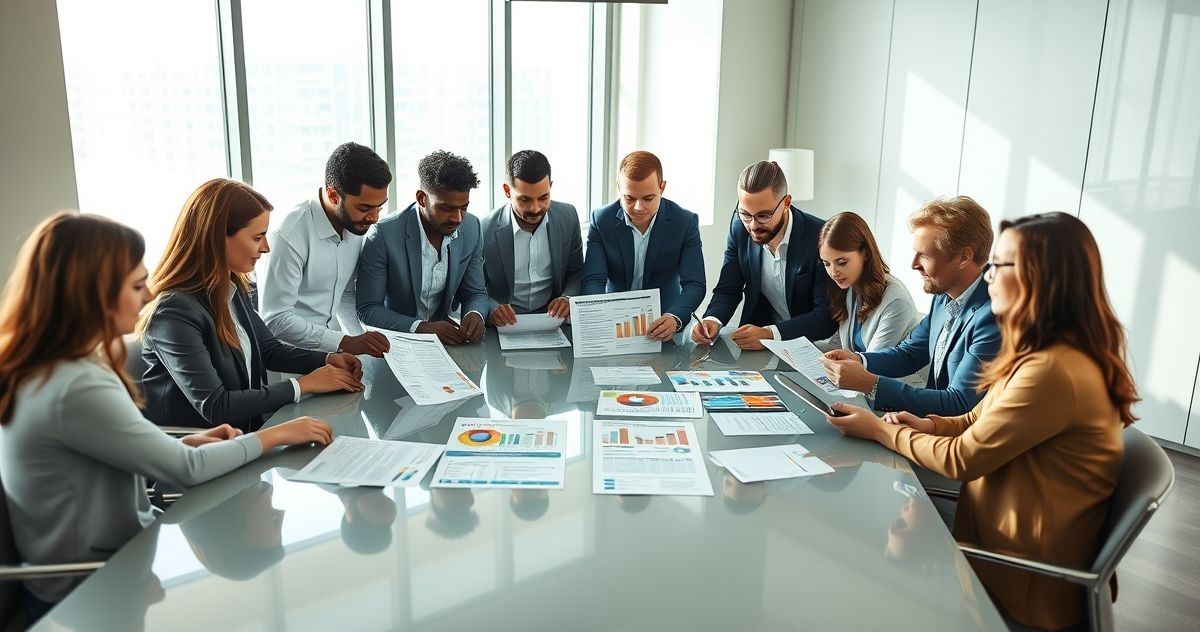 Financial advisors and clients discussing various tax filing status options around a modern conference table