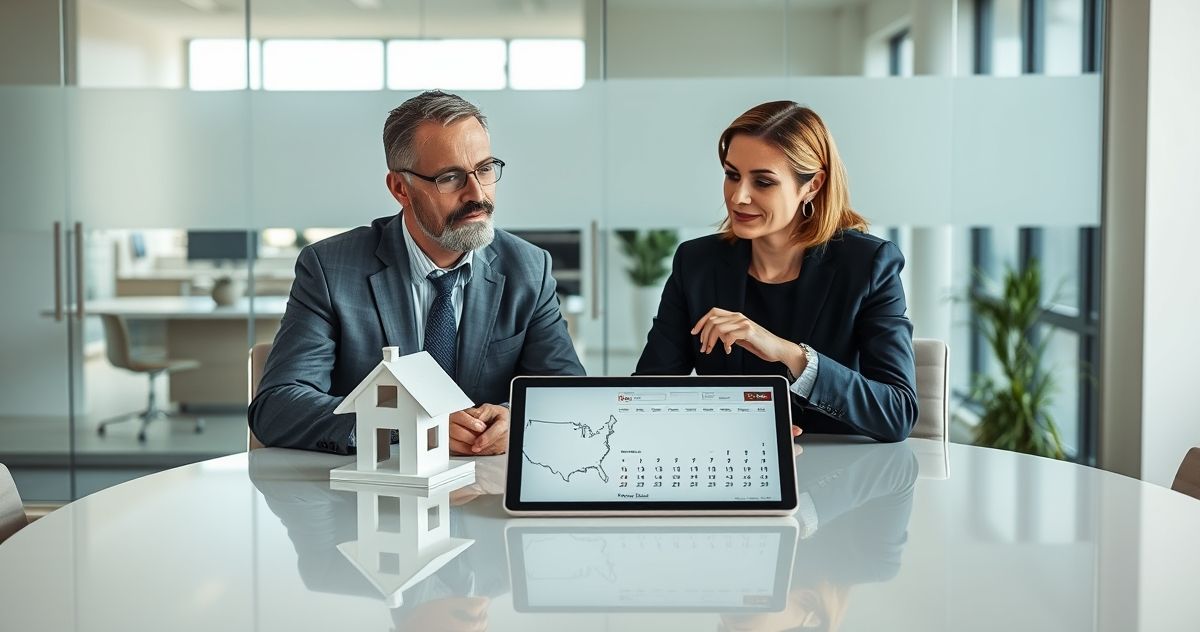 Tax advisor and homeowner at a conference table with two house models, a tablet displaying two state maps, and a calendar representing residency time