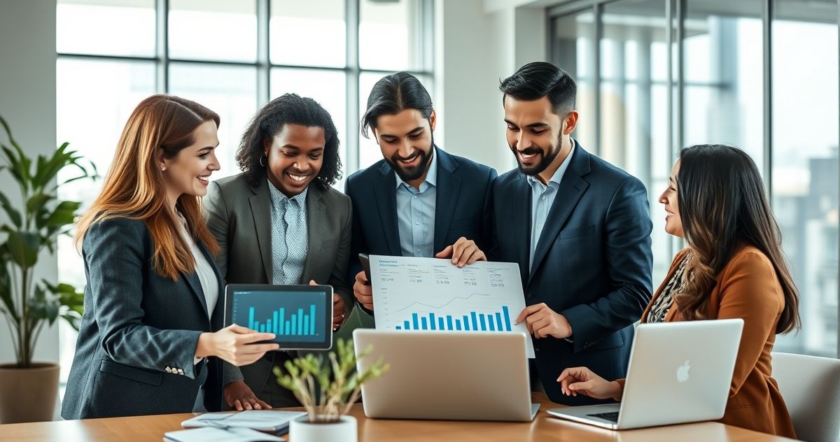 Diverse professionals discussing investment growth on digital devices in a modern office