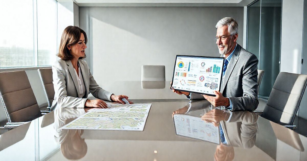 Three diverse professionals at a conference table comparing a printed local community map and grant proposals with a tablet displaying an abstract donor advised fund dashboard