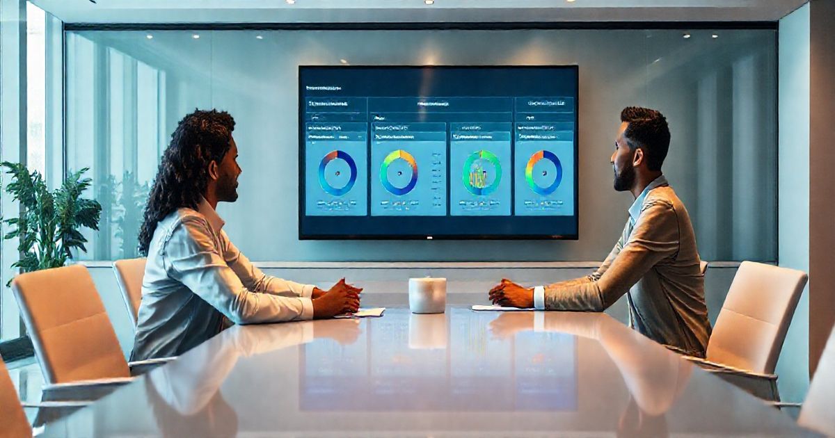 Loan officer and colleague compare three credit score dashboards labeled FICO VantageScore and Proprietary Model on a large monitor in a modern office.