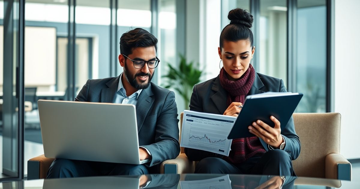 Two financial professionals comparing ETF stock charts and mutual fund portfolio reports in a modern office