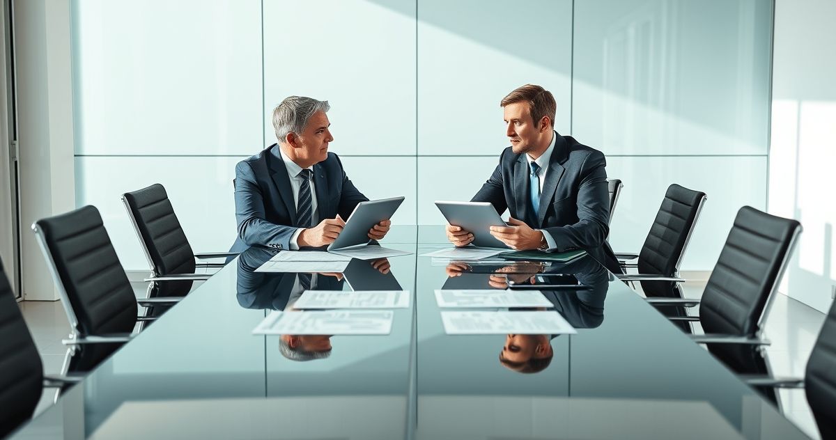 Two business professionals discussing federal and state tax laws with documents and tablets in a modern office setting