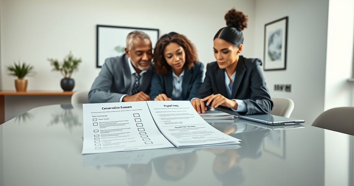 Landowner and attorney reviewing a printed checklist with checkmarks beside a property map and appraisal on a clean conference table