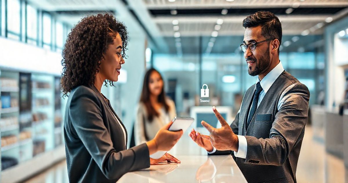 A customer and a merchant privacy officer at a modern retail counter reviewing privacy icons on a tablet as the customer taps a toggle to manage data rights.
