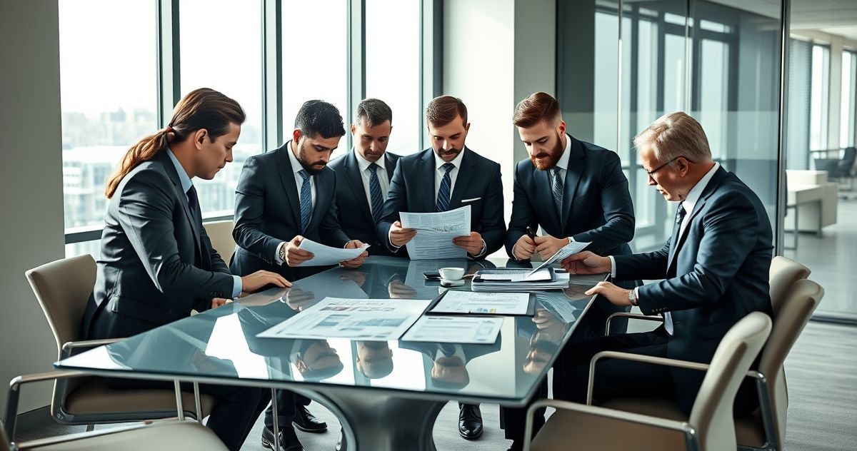 Diverse professionals in a modern office analyzing financial papers related to personal holding company tax