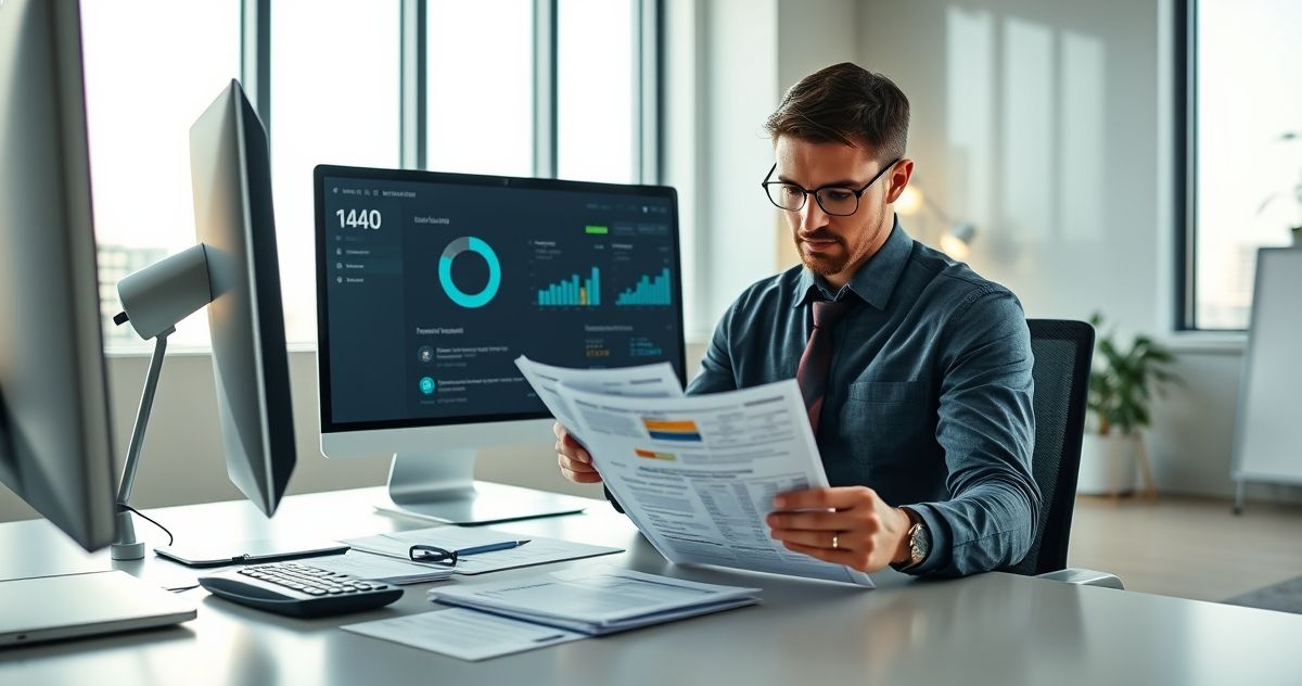 Tax examiner compares W-2 and 1099 forms to a printed Form 1040 with a monitor displaying matching results and highlighted discrepancies