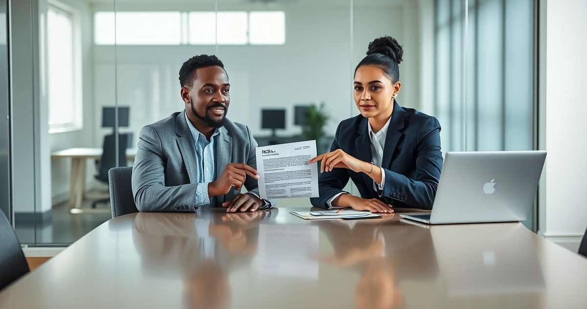 Taxpayer and advisor reviewing a printed IRS automated notice and an email on a laptop with a calendar deadline in a modern office
