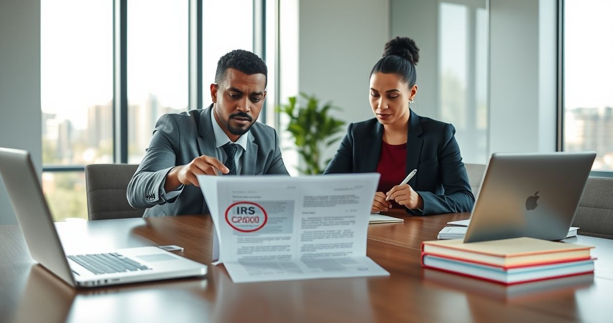 Tax advisor pointing to an IRS letter showing code CP2000 while taxpayer takes notes in a modern office