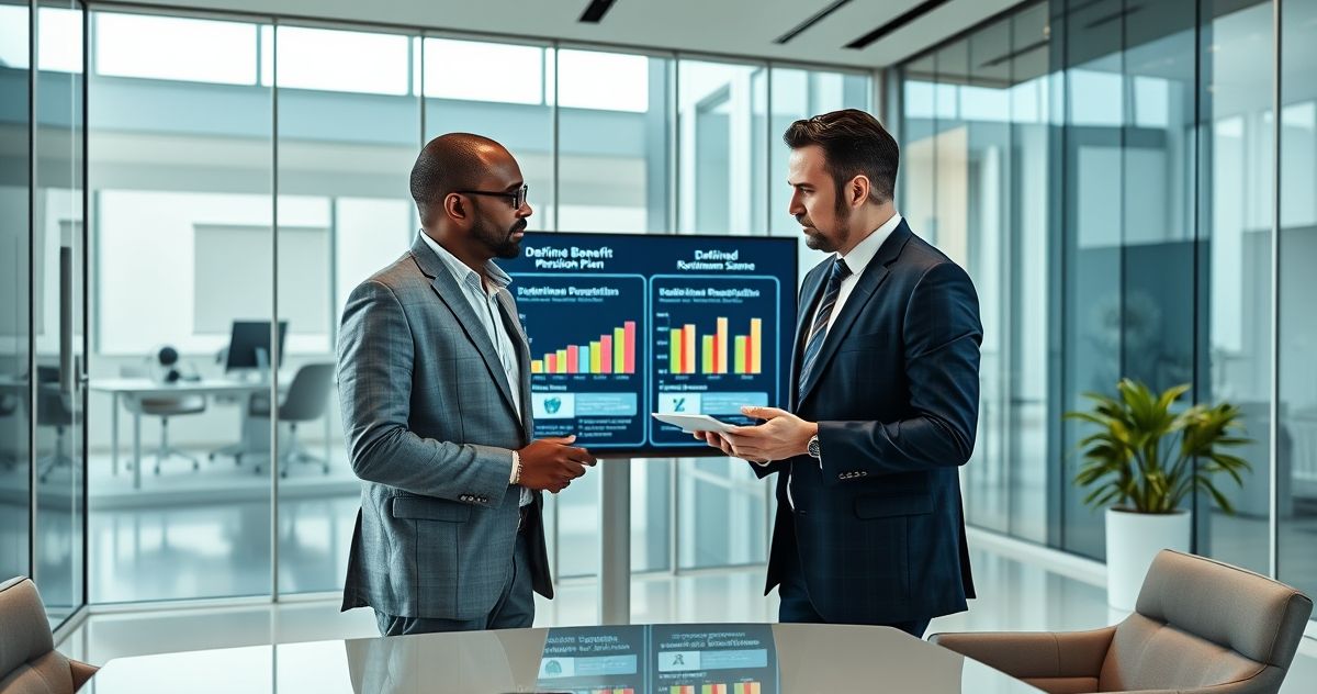 Financial advisors explaining the difference between Defined Benefit and Defined Contribution retirement plans with digital charts in modern office