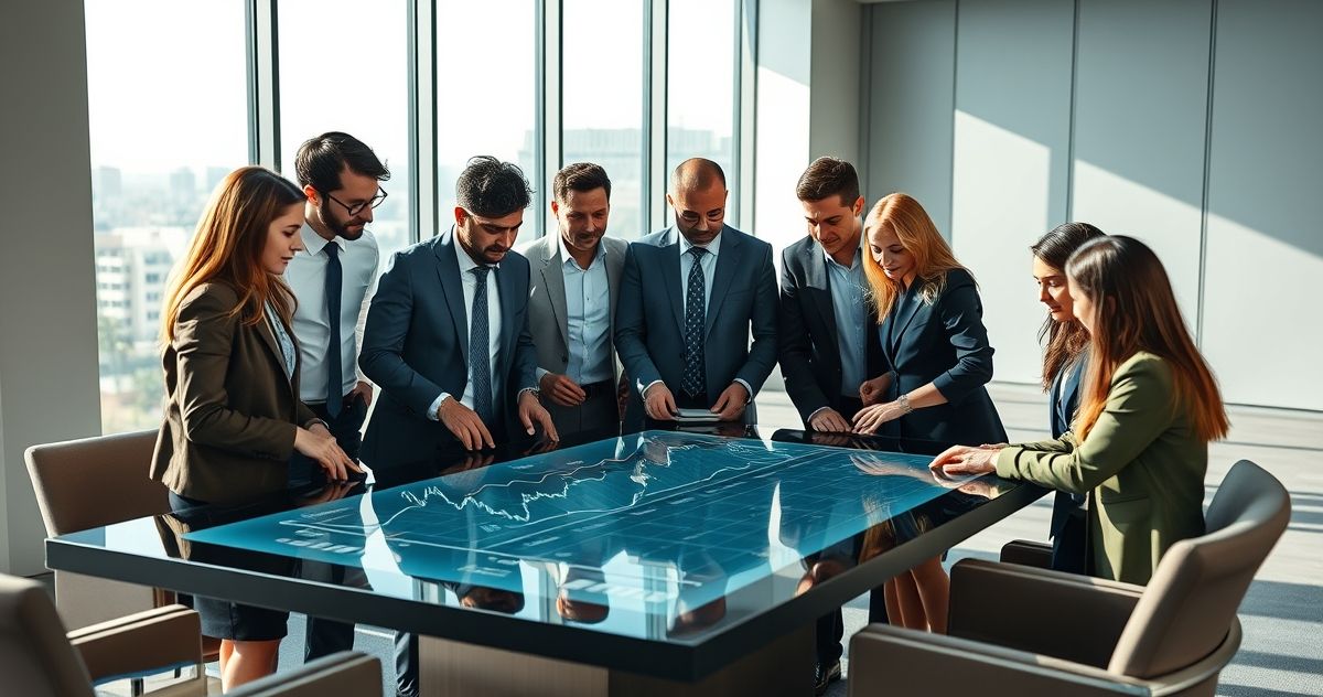 Financial professionals reviewing a graph of steadily increasing dividends on a touchscreen in a modern office
