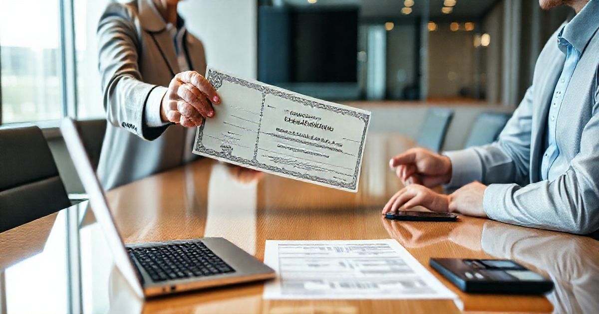 Donor hands a vintage private stock certificate to a charity representative while a financial advisor points to an appraisal document on a conference table.