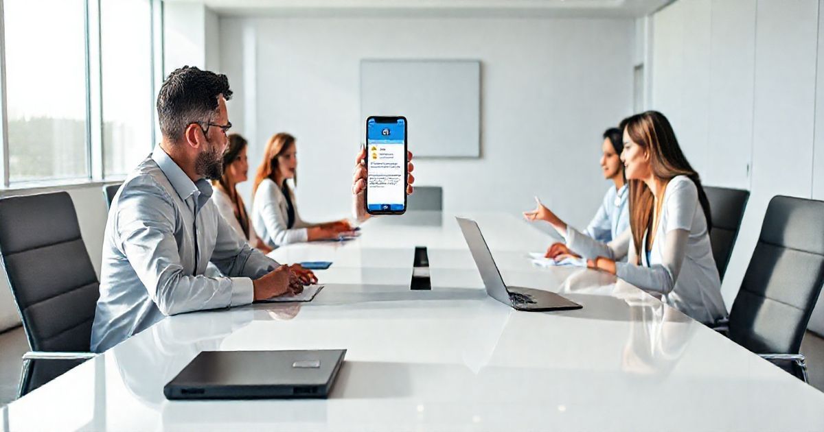 Donor showing a smartphone with a crypto transfer confirmation to a charity representative across a minimalist meeting table with a laptop and hardware wallet