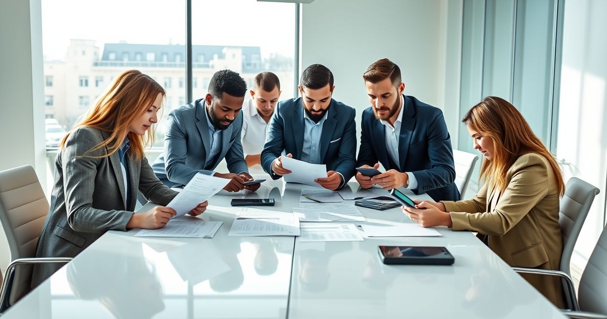 Diverse professionals carefully examining tax documents together in a modern office setting