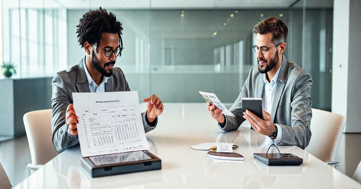 Financial advisor and client at a conference table comparing a neat loan agreement and tablet with a steady repayment chart against a credit card with cash and a calculator showing higher costs.