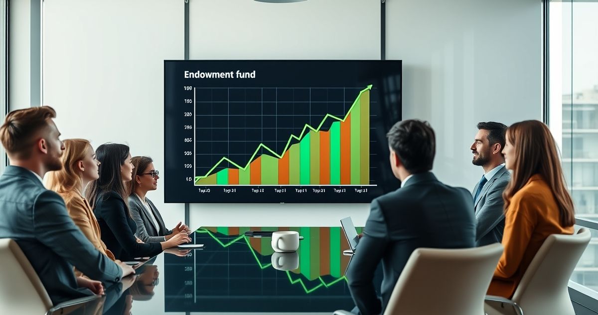Professionals reviewing a digital investment portfolio graph in a modern conference room