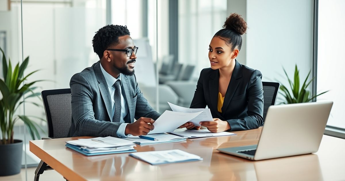 Tax advisor discussing estimated tax penalty waiver with client in modern office