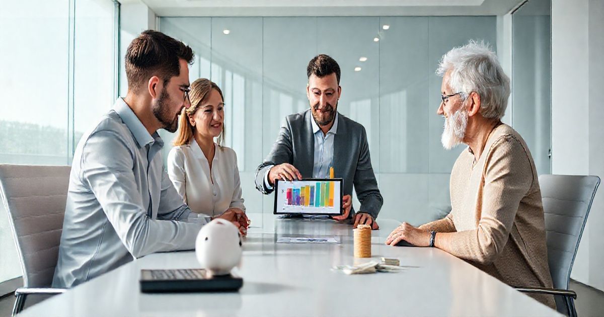 Financial advisor and diverse household members gathered around a tablet and items like a piggy bank and calculator while planning emergency fund needs