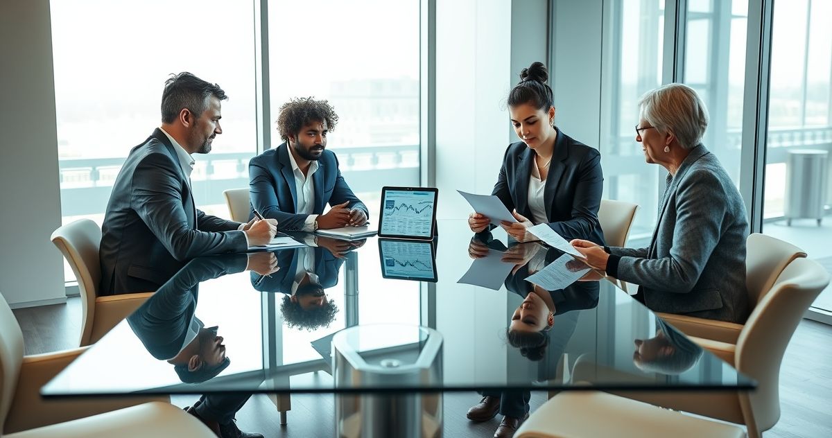 Two clients interview a financial advisor at a conference table reviewing a tablet and a checklist