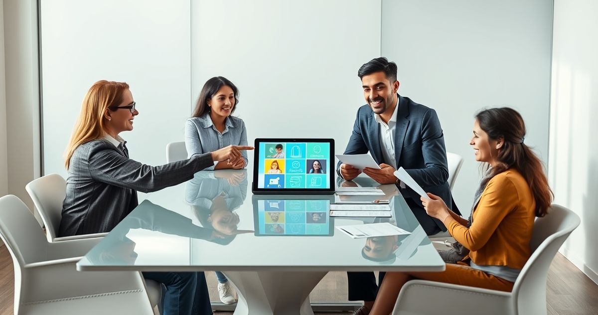 Tax advisor showing a tablet infographic of relationship residency age support and income to a diverse family across a conference table